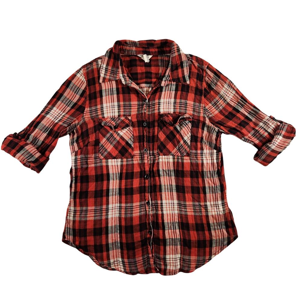 Forever 21 Cotton Red and Black Lightweight 3/4 Sleeve Plaid Flannel Shirt Small